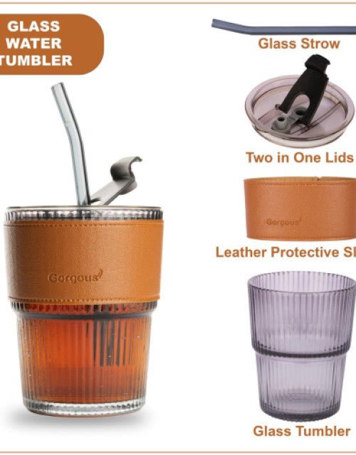 Glass Tumbler with Lid & Glass Straw Pack of 1, 450ml - Lootokart